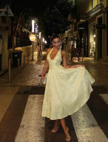 Yellow A Line Halter Satin Open Back Prom Dress Party Dress HZ1023